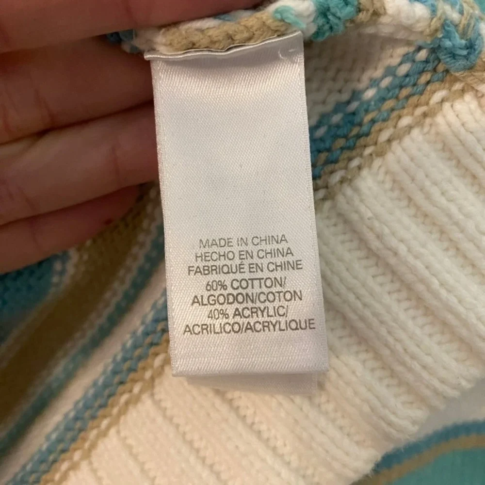 Teal‎ & Tan Striped Button Shoulder Sweater S Boho Chic Coastal Cottagecore Knit